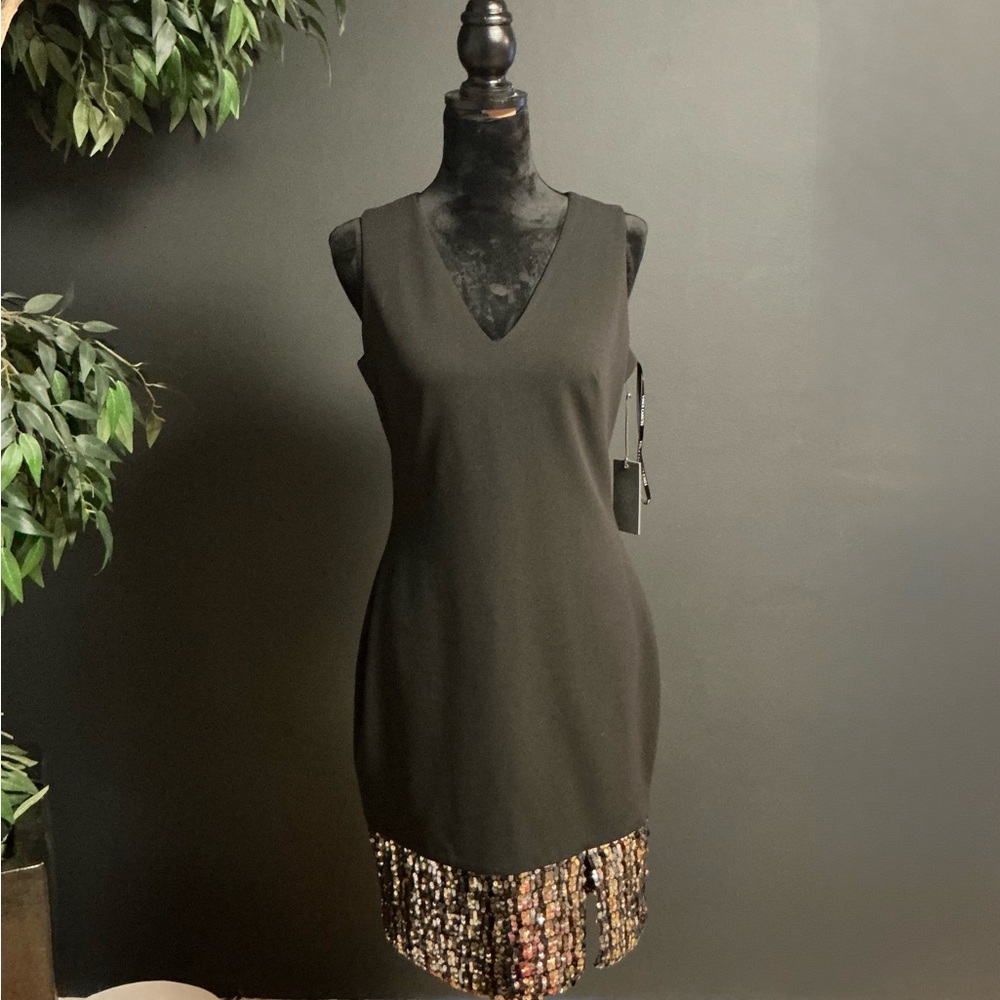 Elegant Black and Gold Sequin Hem Dress